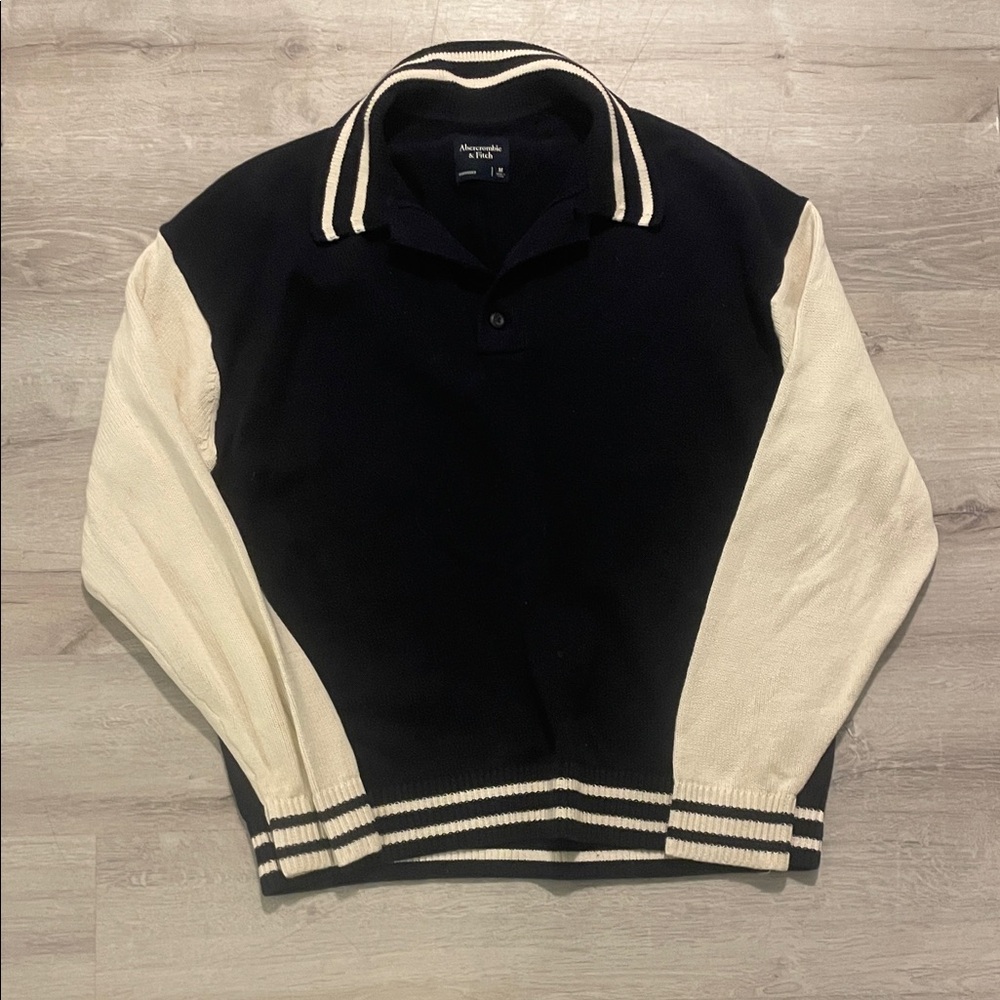 Abercrombie Navy and Cream Varsity Rugby style long sleeve knit polo sweater